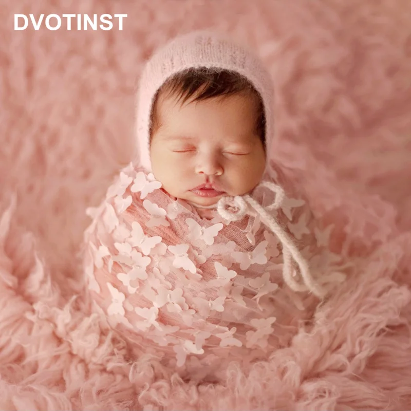 Dvotinst Newborn Baby Photography Props 3D Butterfly Lace Wrap Mohair Knit Bonnet Hat 2pcs Photo Props Studio Shooting Prop