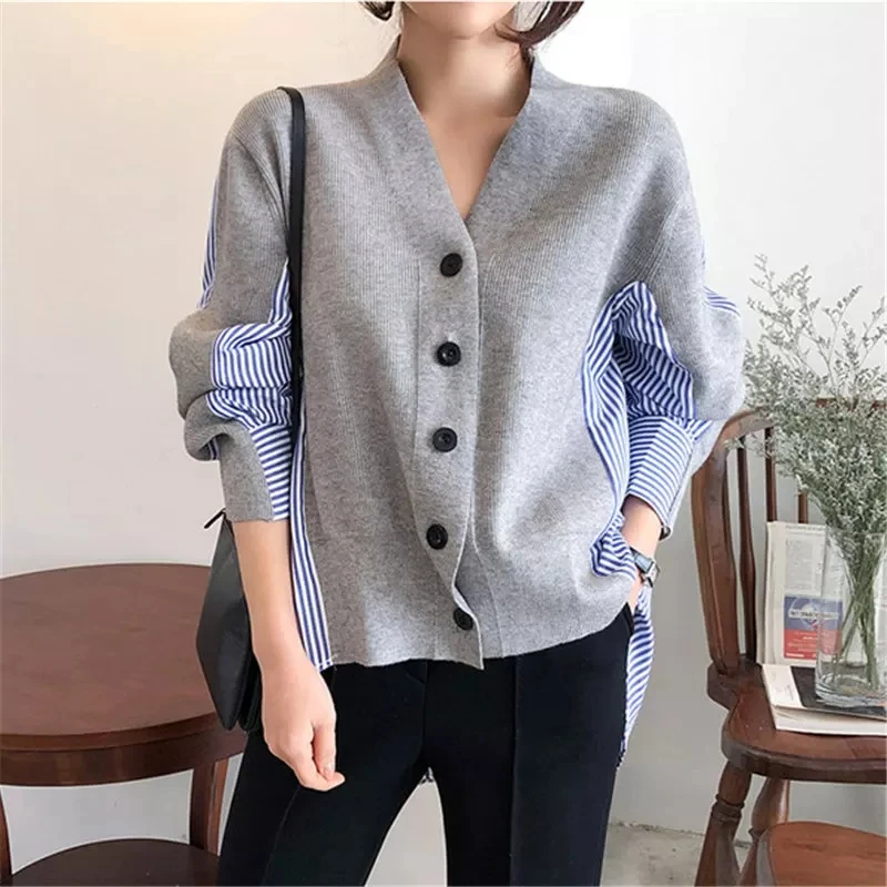 Spring and Autumn New Tide Net Red Shirt Stitching Fake Two Knitted Cardigan Women's Foreign Style V-neck Sweater Coat - Цвет: 56409490