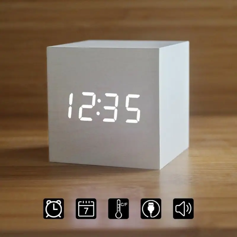 

60*60*60mm LED Wooden Alarm Clock Watch Table Voice Control Digital Wood Despertador Electronic USB/AAA Powered Clocks Decor
