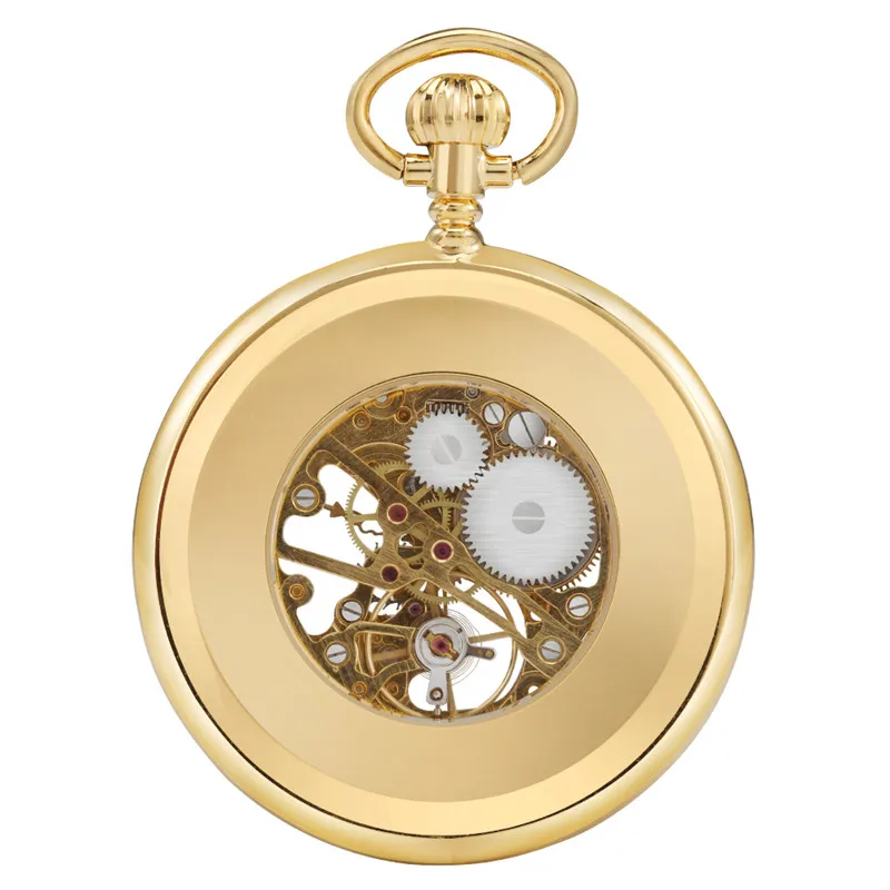 Luxury Yellow Golden Skeleton Display Men Women Handwind Mechanical Pocket Watch Open Face Roman Numeral FOB Chain