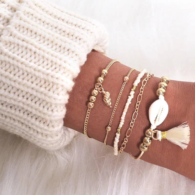 

5 Pcs/set Bohemia Vintage Tassel Brecelets Natural Mix Beads Conch Gold Ball Shell Bracelet For Women Summer Beach Jewelry Pop