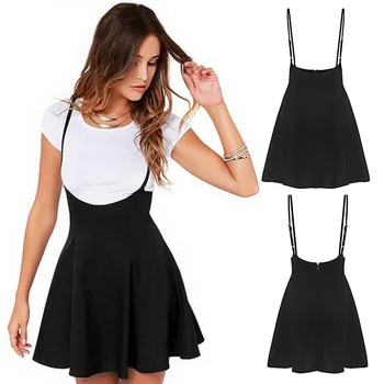 

Fashion High Waist Summer Soft Solid Zipper Skater Casual Mini Women Skirt Backless Suspender Strappy Pleated Adjustable Strap