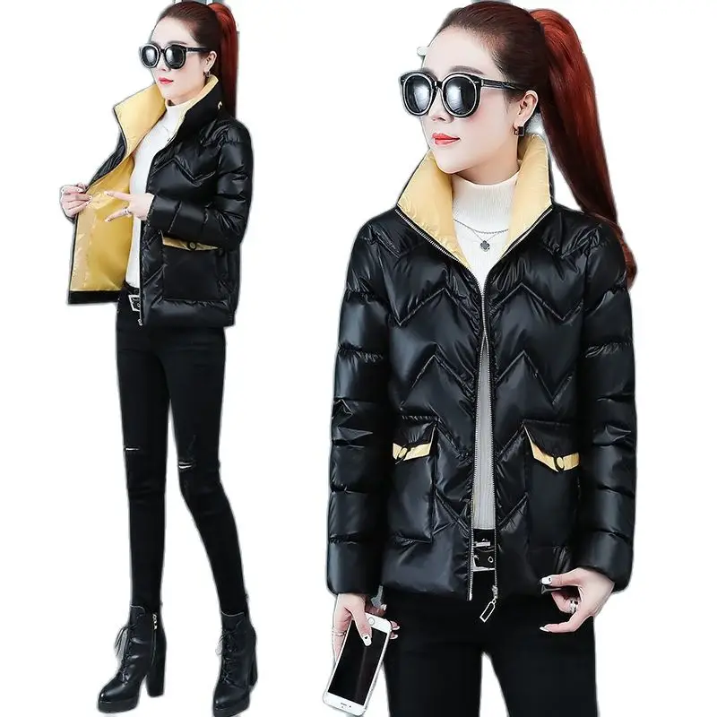 

Новинка 2021, женская зимняя пуховая хлопковая короткая женская куртка на молнии с карманами, плотная Глянцевая одежда без стирки, хлопковое Женское пальто
