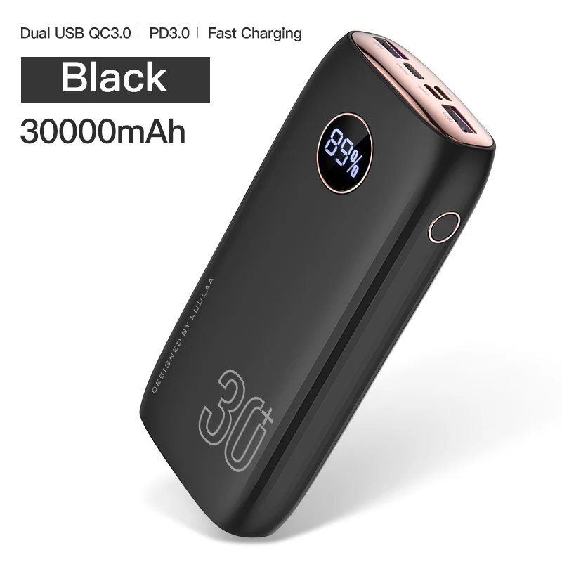 KUULAA power Bank 30000 mAh usb type C PD Быстрая зарядка+ Quick Charge 3,0 power Bank 30000 mAh Внешняя батарея для Xiaomi iPhone - Цвет: Black Gray