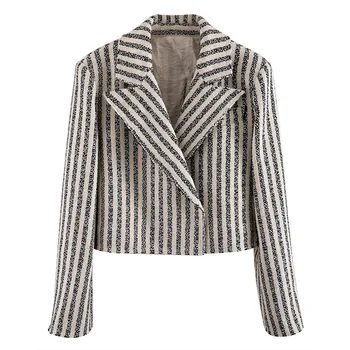 

WOMENAGAG 2020 New Striped Patchwork Trun-down Collar Long-sleeve Cptton Liner Short Hit Color Weave Jacket Casual Fashion A355