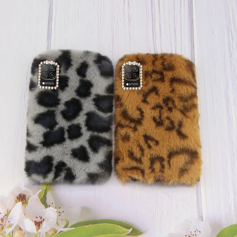 

HuaWei P40 Lite Case fashion Leopard high quality Plush Rabbit fur Shiny diamond Silicone Back Cover For HuaWei P40 Lite Cases