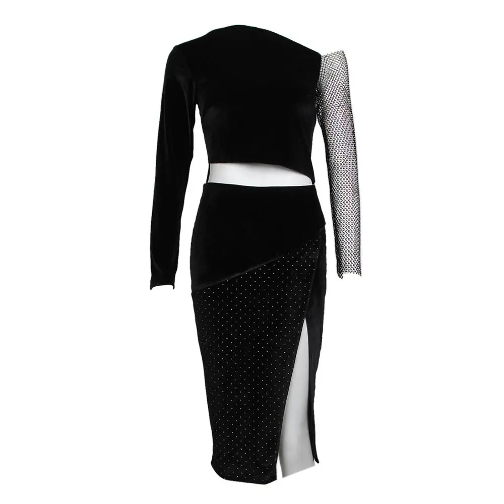 

Женское бархатное платье миди, черное облегающее платье с длинным рукавом, расшитое бисером, одежда для вечерние Ринок и клубов