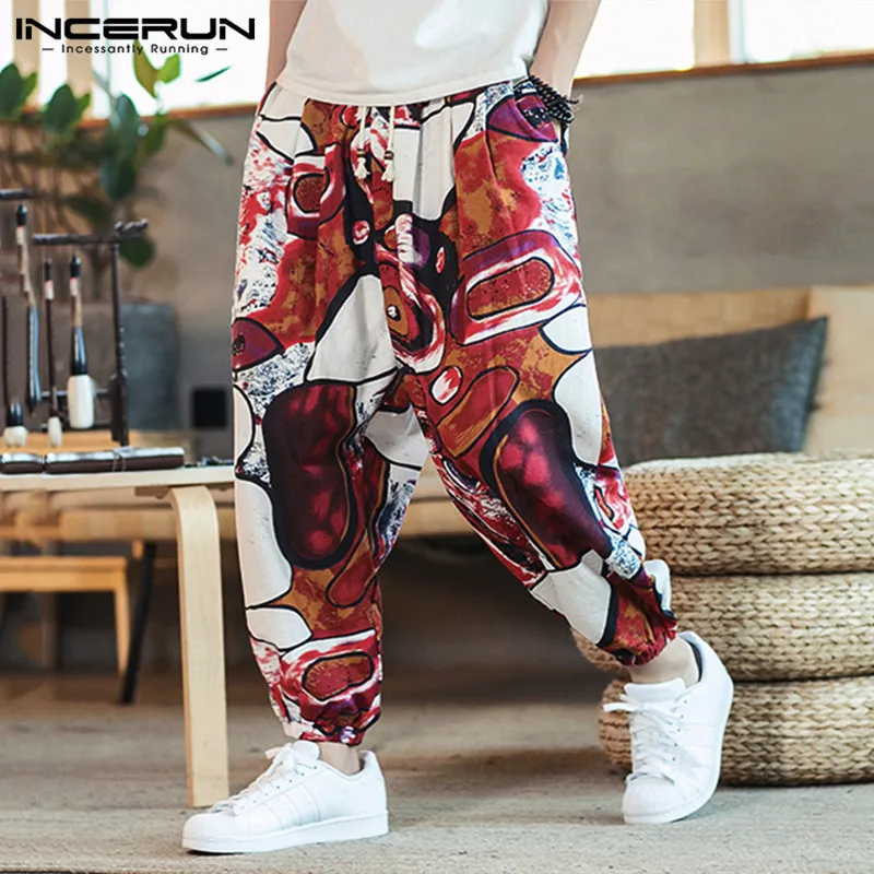 INCERUN Men Printed Harem Pants Joggers Drawstring Drop-Crotch Trousers Men 2020 Loose Cotton Linen Casual Thai Pants Streetwear INCERUN Men Printed Harem Pants Joggers Drawstring Drop-Crotch Trousers Men 2020 Loose Cotton Linen Casual Thai Pants Streetwear