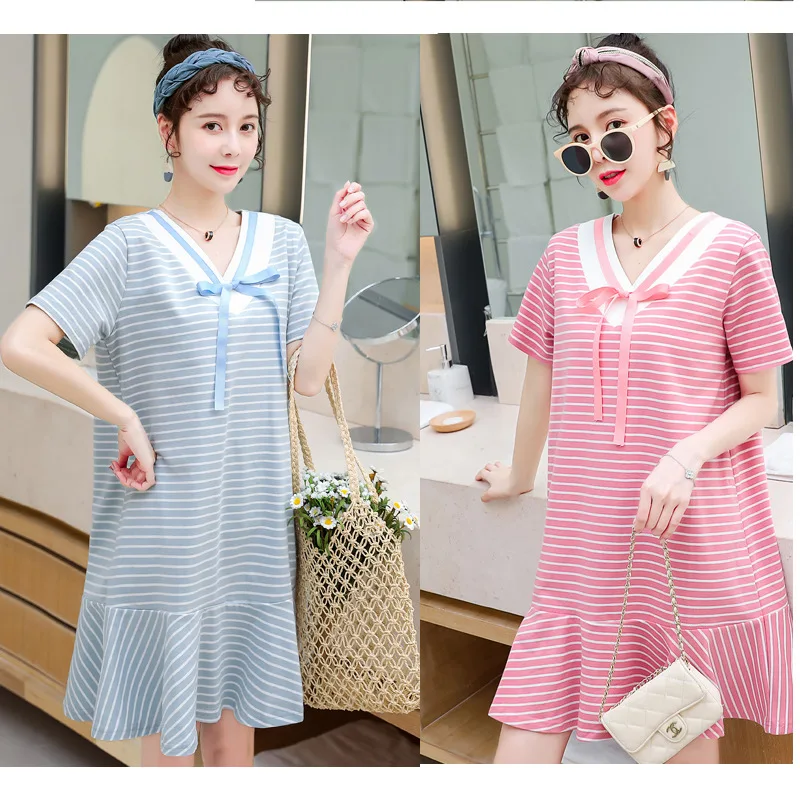 

2019 New Style Mid-length Dress Summer Wear Stripes Large Size Fashion Models Korean-style Loose-Fit Pregnant Women Skirt