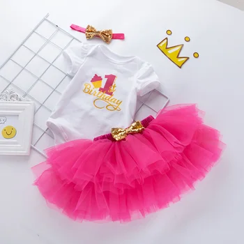 

Newborn Baby Girl First 1st Birthday Skirt Set Summer Short Sleeve Romper Tutu Skirt Headband Infant Suit