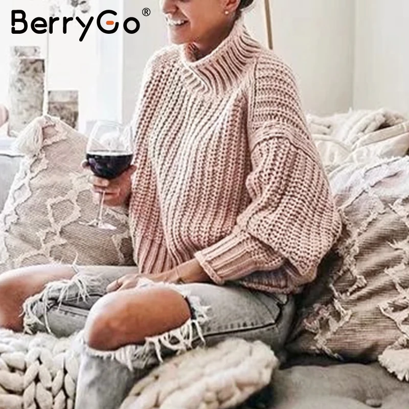 BerryGo водолазка однотонный пуловер свитер для женщин Осень зима рукав летучая