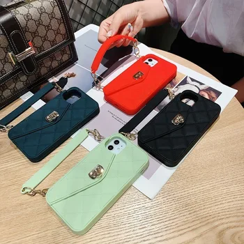 

Rhombus Leather Wallet Phone Case For Iphone 11 Pro X XS Max XR 7 8 Pluse 6S Cross-body Case with Strap Soft Silicone Bag Cover