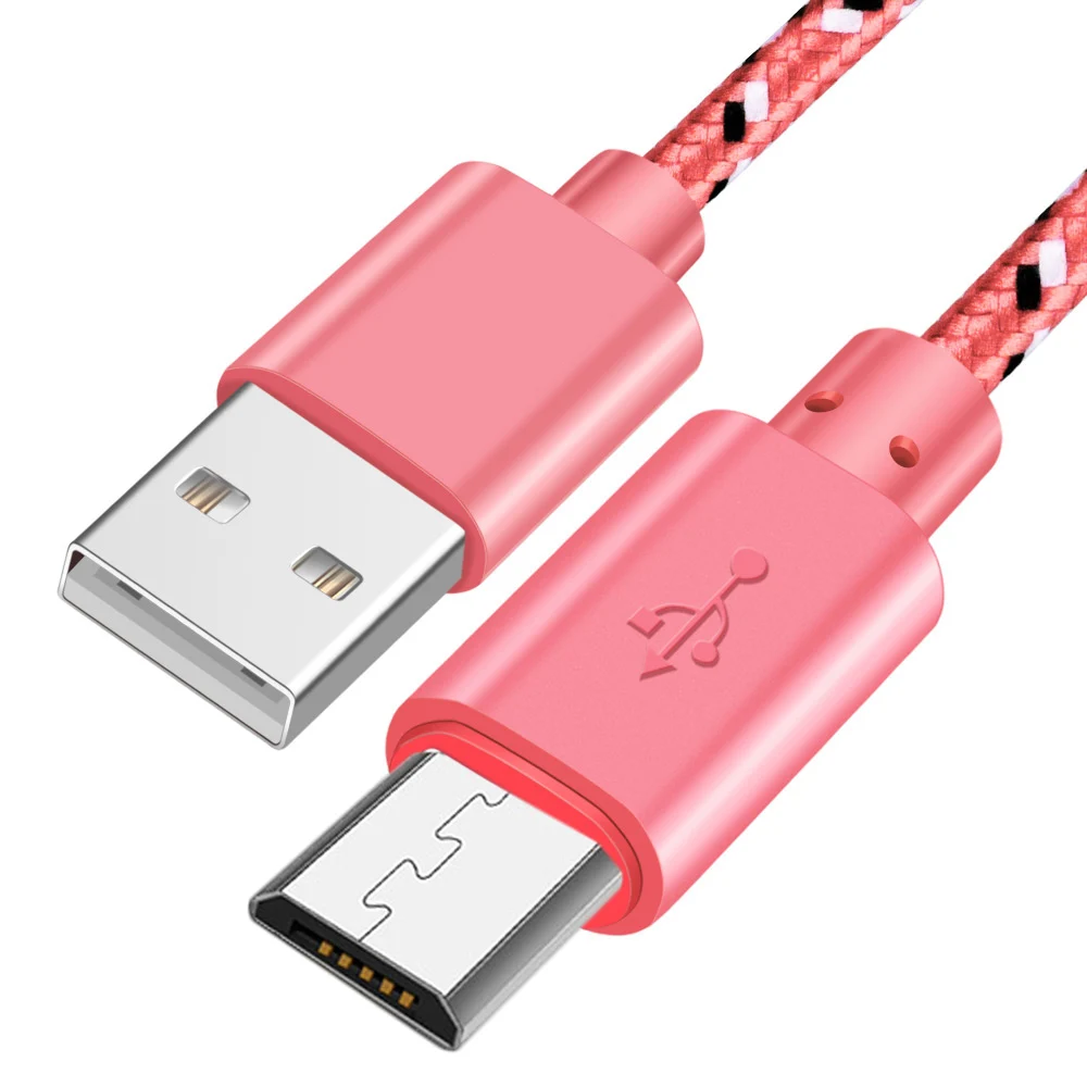 Нейлоновый Кабель Micro-USB в оплетке 0,5 м/1 м/2 м/3 м Синхронизация данных USB кабель зарядного устройства для samsung huawei Xiaomi планшет Android, телефон кабели - Цвет: Pink Micro USB