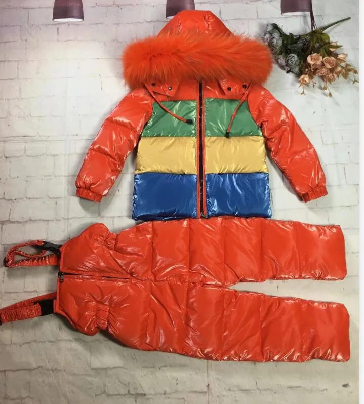 80cm -145cm 2019 Winter Jacket Children down duck Fur hooded girl snowsuit boy Suit set outerwear ski suit | Мать и ребенок