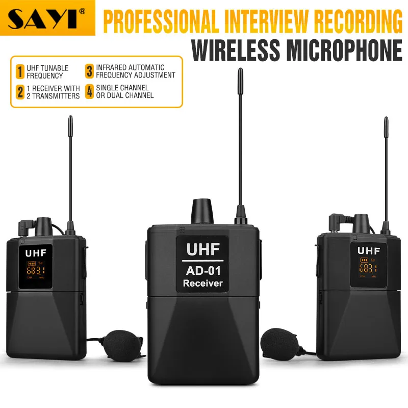 SAYI WM02 30 каналов DSLR камера телефон УВЧ беспроводной двойной петличный микрофон
