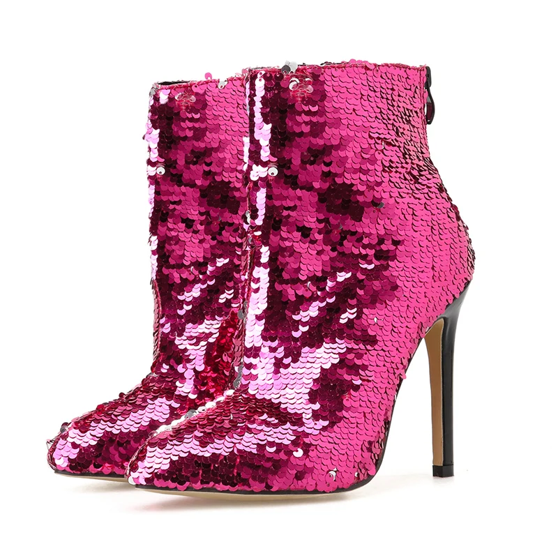 

2019 Women Sequins Glitter Ankle Boots Stiletto 11.5cm High Heels Sparkly Rainbow Multicolor Boots Bling Fall Winter Peach Shoes