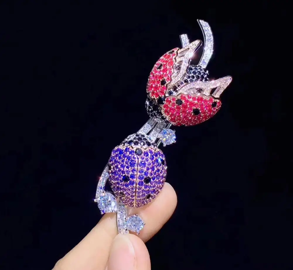 

insect beetle brooch multi color ladybird brooch real 925 sterling silver with cubic zircon fashion women jewelry free shipping