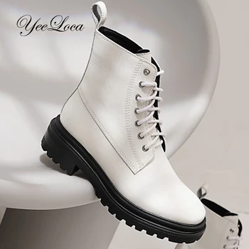 

Winter Warm Platform Flat Boots Women Ankle White Fur Boots Genuine Leather Thick Sole High Heel Shoes LaceUp Combat Boot