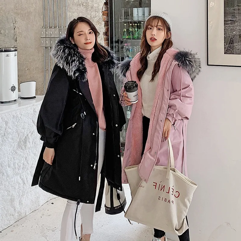 

Autumn And Winter New Style Cotton Coat Women's Korean-style Mid-length Loose-Fit Waist Hugging Slimming Lambs Wool Warm Fur Col
