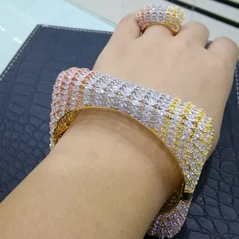 

GODKI Trendy Luxury Square Bangle Ring Jewelry Set For Women Wedding AAA Cubic Zircon Dubai Silver Bracelet Party Bangle Rings