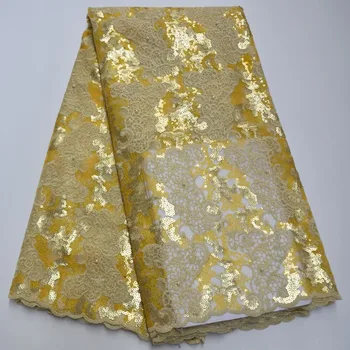 

Fashion Golden African Lace Fabric High Quality French Organza Lace Fabric 2019 New Style Sequins Lace Fabrics For Wedding DC7-5