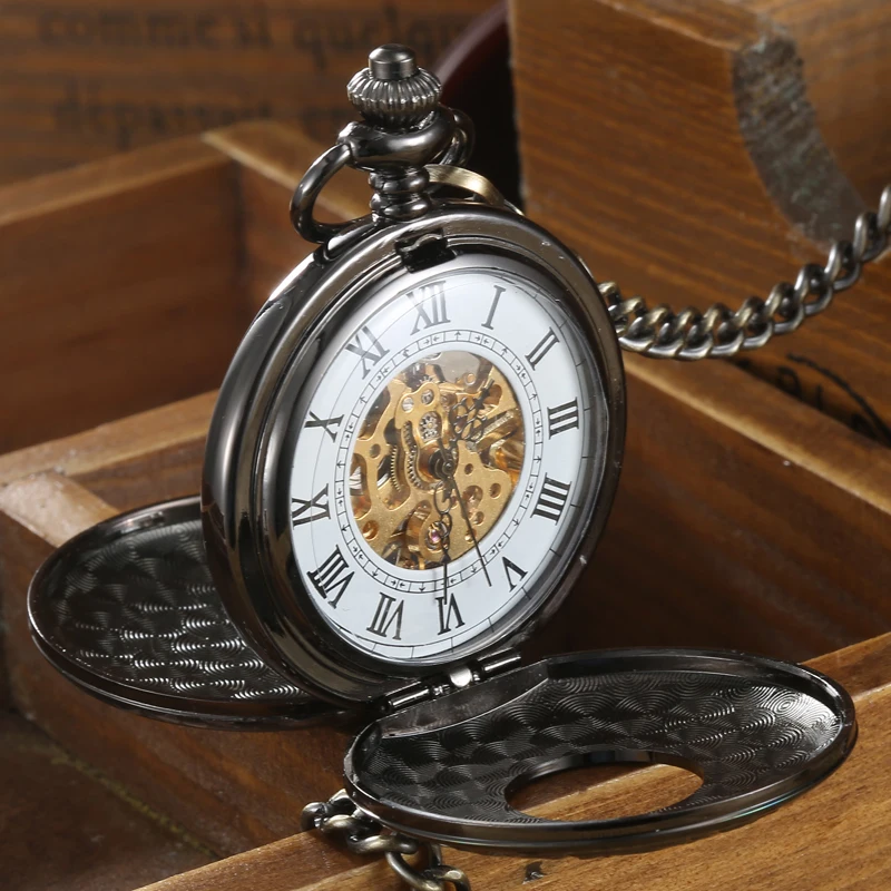 

Navidad Christmas Gift Smooth Mechanical Pocket Watch Full Gold Men Women Retro FOB Hand Wind Double Hunter Roman numerals
