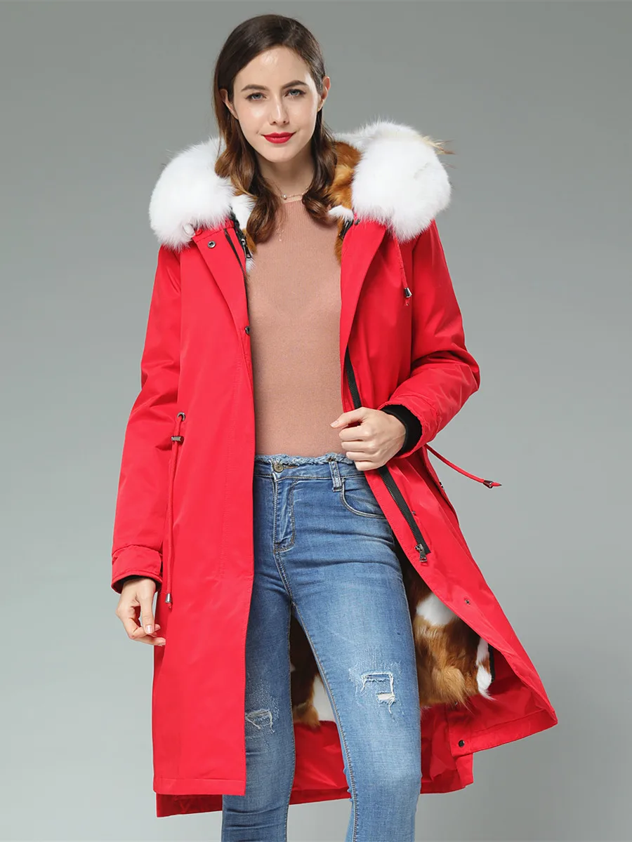 90cm Long Real Fox Lining fur coat parkas winter jacket coat women parka big real Fox raccoon fur collar fox fur liner Red Outer