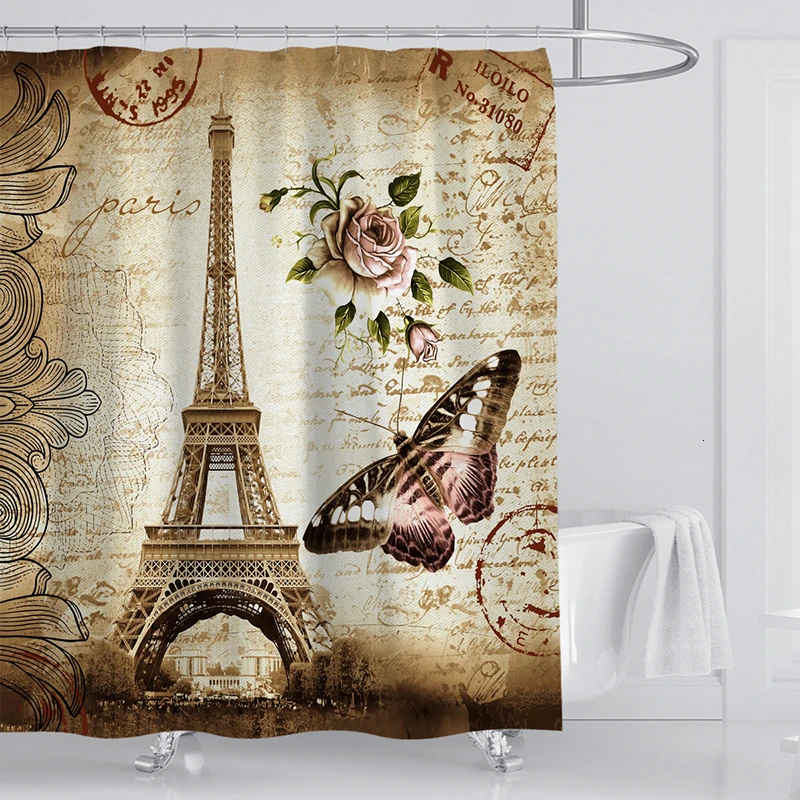 

Bathroom Supply Shower Curtains SetVintage Iron Tower Butterfly Printed Waterproof Fabric Cloth Bath Curtain Screen With Hooks