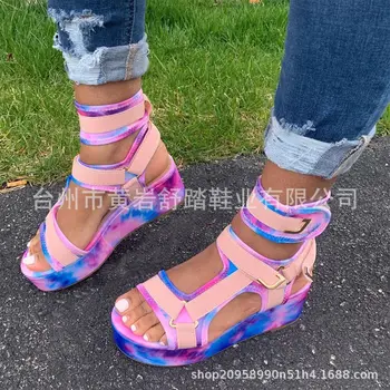 

2020 magic sticker color middle heel fish mouth women's sandals large size 43