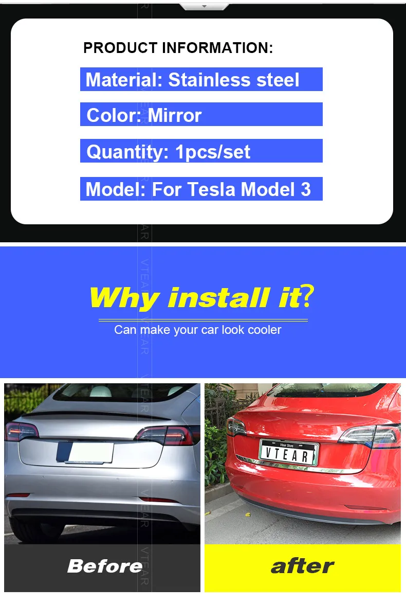 Vtear для Tesla модель 3 отделка задней двери багажника Наружные молдинги аксессуары из нержавеющей стали защита БАГАЖНИКА АВТОМОБИЛЯ