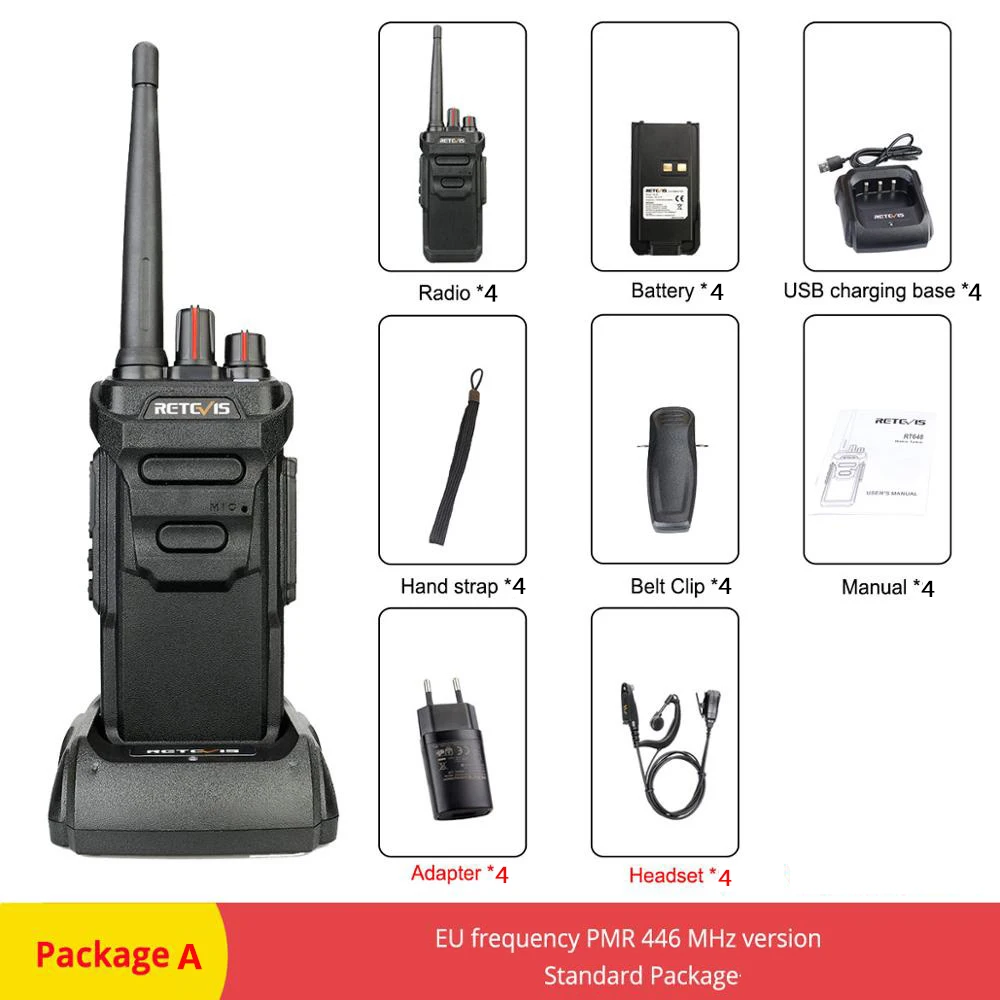 Package A 4 шт. RETEVIS RT48/RT648 IP67 водонепроницаемая профессиональная рация PMR радио PMR/FRS VOX 2 способ радио Comunicador с наушником - Цвет: Package A