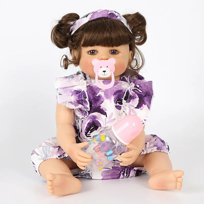 

55CM Reborn Baby Doll Toy Full Silicone Purple Cloth Body Short Volume Hair Realistic Baby Doll Toddler Kids Accompany Toy Gifts