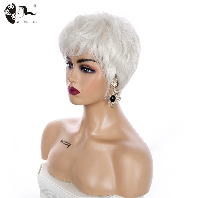 XISHIXIUHAIR-Peluca de cabello sintético con ondas rectas para mujer, cabellera artificial de fibra resistente al calor, corte Pixie, color blanco y plateado