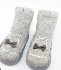 Серый kid prewalker floor socks anti slip cartoon socks kid knees high socks with cute bowknot - Цвет: Серый