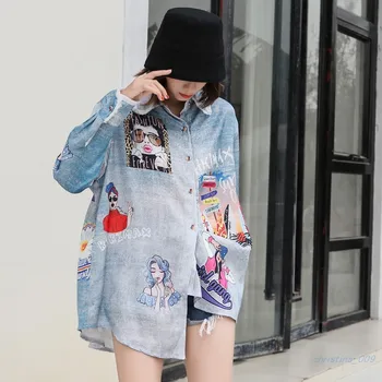 

European station 2020 spring new hip hop cartoon printed bf shirt female imitation denim mid-length loose shirt women