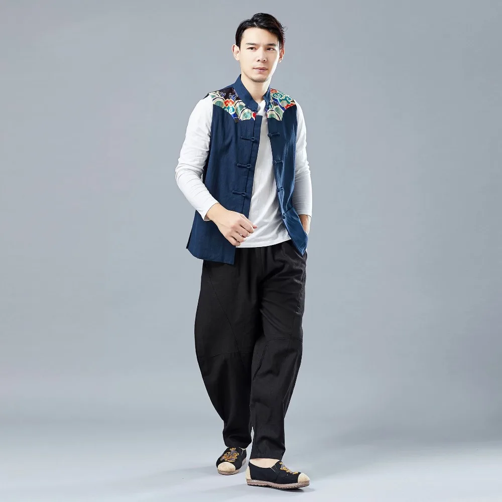 LZJN 2019 Men's Summer Waistcoat Chinese Style Print Patchwork Linen Button Down Kung Fu Shirt Sleeveless Vest Jacket (16)