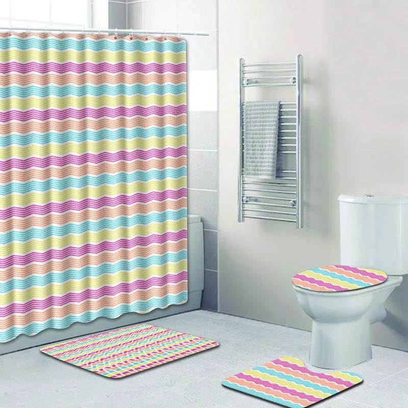

4PCS/Set Colorful Stripe Pattern Bathroom Shower Curtain Waterproof Polyester Fabric Art Bathtub Decor Toilet Seat Cover Mat