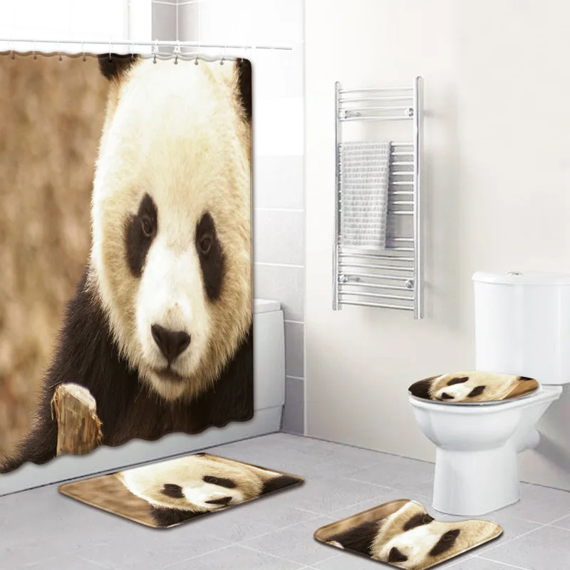 Занавеска для душа с принтом панды, 4 шт., покрытие для ковра, покрытие для унитаза, набор ковриков для ванной, занавеска для ванной комнаты с 12 крючками