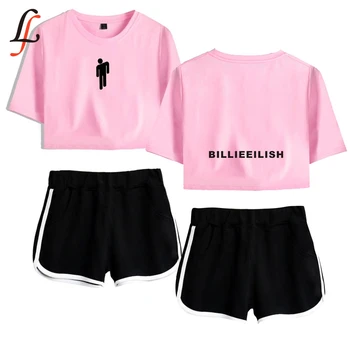 

Billie Eilish Harajuku Modis Women Sexy Two Piece Set short Sleeve short Tops + middle Waist Shorts girl Suits Fitness