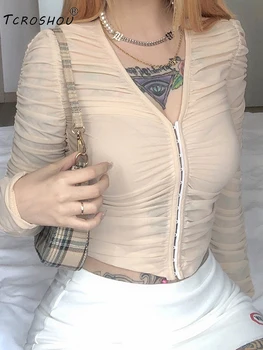 

Pleated Zou Tight-fitting Single-row Concealed Button Leaking Navel Short T-shirt Ladies Autumn New Style Personality