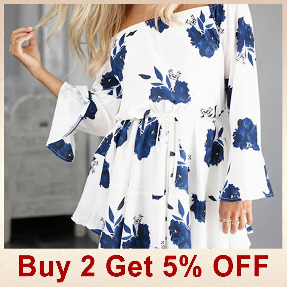 Богемное повседневное женское платье Летнее мини-платье с открытыми плечами и цветочным принтом свободное шифоновое платье с длинным рукавом и завязками