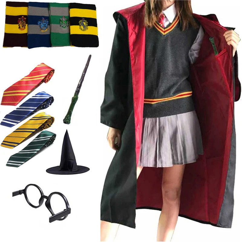Костюм Поттера для детей и взрослых; маскарадный халат; плащ-накидка с галстуком-шарфом; палочка Ravenclaw; костюм Слизерин; Gryffindor Hufflepuff; E2103AD