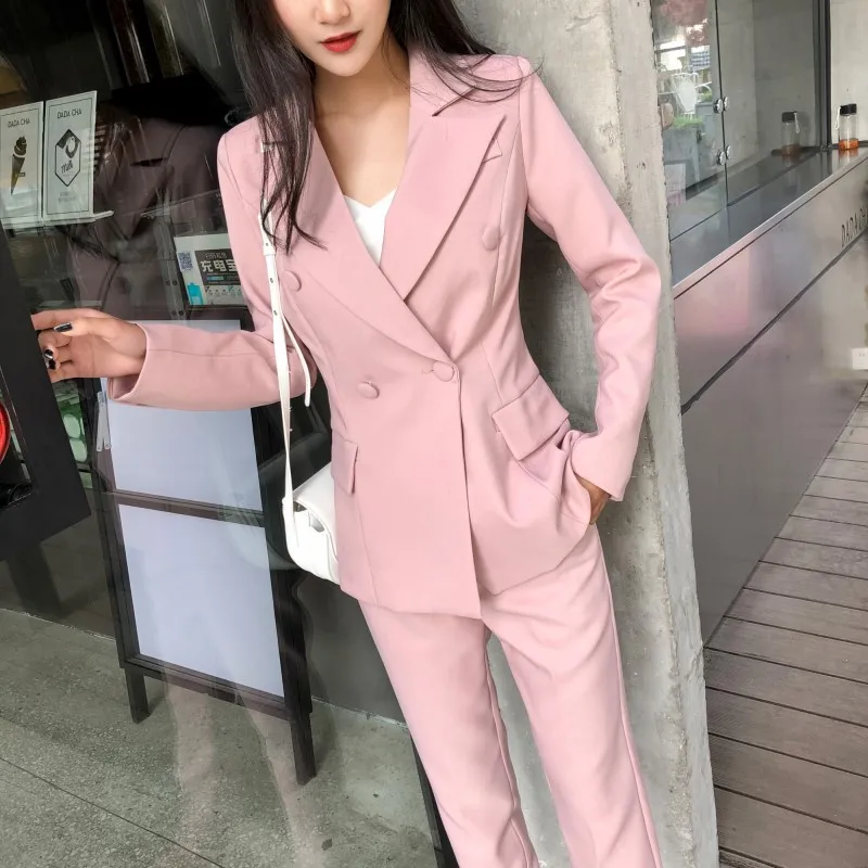 Vrouwen pak en najaar nieuwe mode roze pak vrouwelijke hoge kwaliteit zwart Деловая одежда женские костюмы комплект 2 штуки