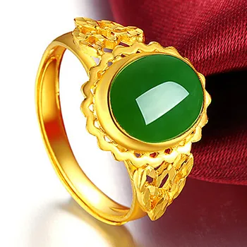 

Vintage flower carving green jade emerald gemstones rings for women 14k gold color jewelry bijoux wedding party accessory gift