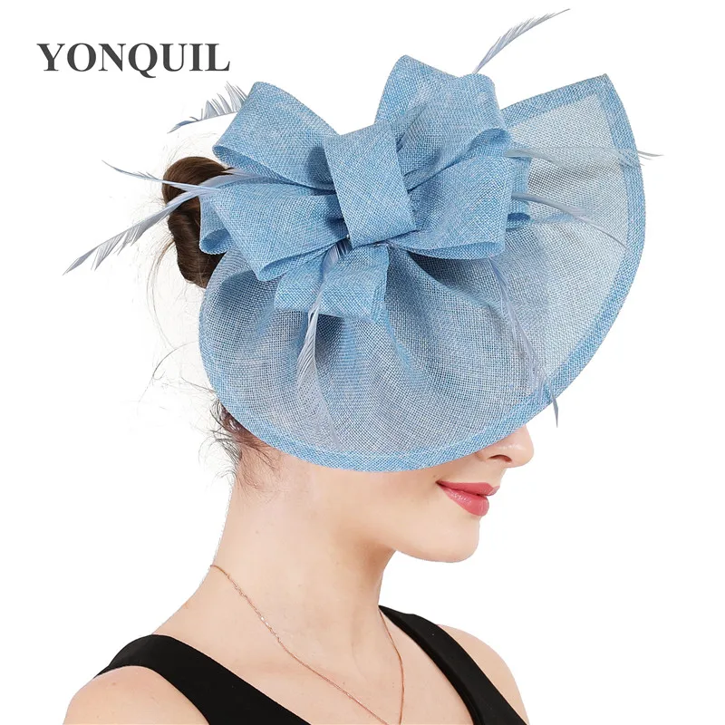 Перо Fascinators Жокейские шапочки для Для женщин Элегантный светло-голубой цвет имитация чародей шляпа девушек вечернее свадебное платье