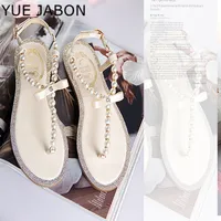 Perle sandales femmes dames été bohême plage sandale chaîne perle décontracté boucle sangle chaussures plates bout ouvert chaussures femme tongs 1
