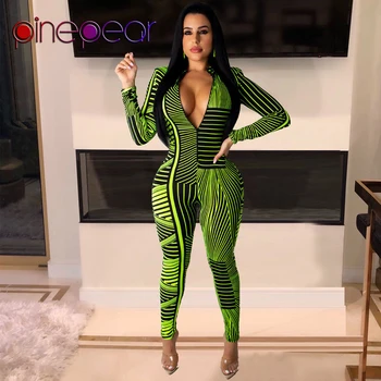 

PinePear Fluorescent Green Striped Long Sleeve Jumpsuit Sportsuit Women Winter Zip Yoga Set Gym Workout Clothing 2020 Wholesale