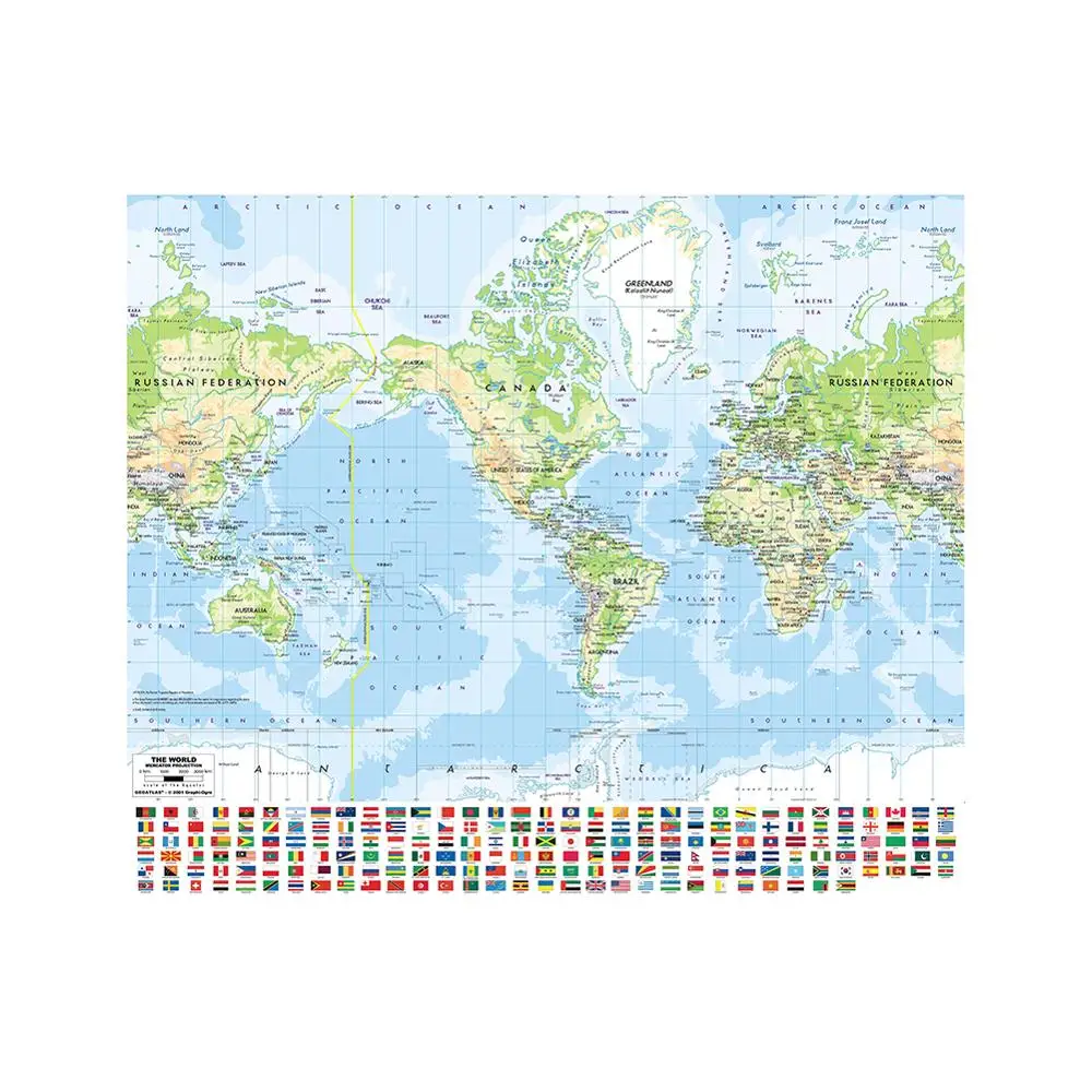 Карта мира Mercator проекционная с национальным флагом 150x150 см Нетканая