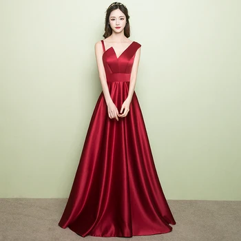 

New Women Chinese Prom Dress Sexy Burgundy Evening Party Gown Sleevess Long Elegant Satin Qipao Cheongsam Exquisite Vestidos