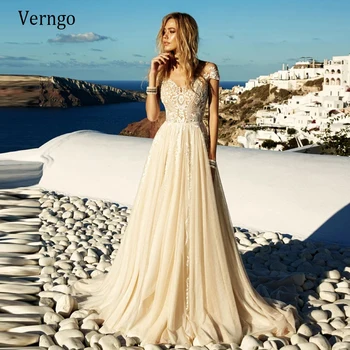 

Verngo Vintage Champagne Wedding Dress Sheer Neck Short Sleeves Tulle A Line Delicate Ivory Lace Applique Beach Bridal Gowns